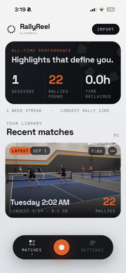 RallyReel home screen showing all-time stats and a recent match with 22 rallies found.